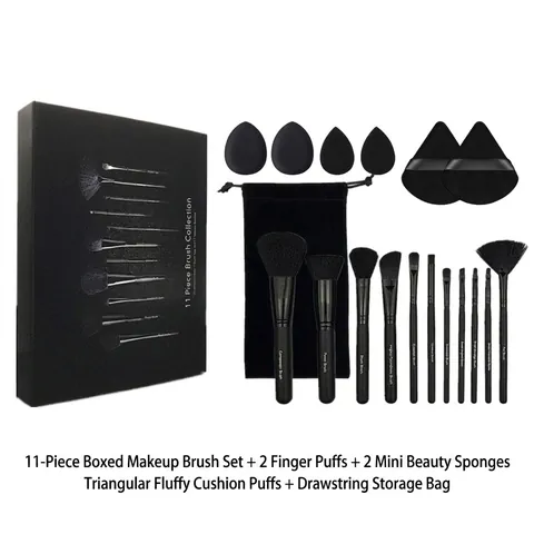 Professional 11 Piece Makeup Brush Set Black Wood Handle Synthetic Fiber Hair With Storage Bag And Gift Box For Women