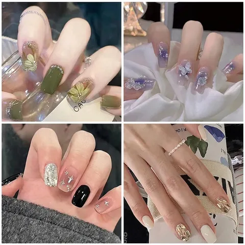 French Press On Nails With Gradient Colors Butterfly Rhinestone Artificial Pearl Decor For Women Daily Party Manicure
