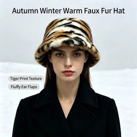Women Fashion Tiger Print Faux Mink Fur Bucket Hat Winter Thickened Warm Plush Fisherman Hat Soft Animal Pattern Basin Hat Outdoor