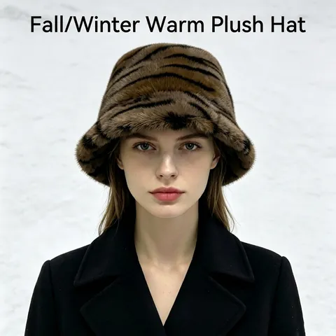 Women Fashion Tiger Print Faux Mink Fur Bucket Hat Winter Thickened Warm Plush Fisherman Hat Soft Animal Pattern Basin Hat Outdoor
