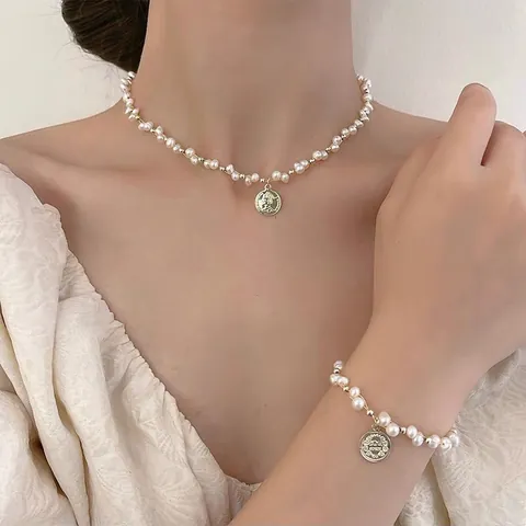 Vintage Woven Freshwater Pearl Necklace Bracelet For Women Elegant Coin Portrait Relief Alloy Jewelry Set Fashion Choker Neck Chain Accessory