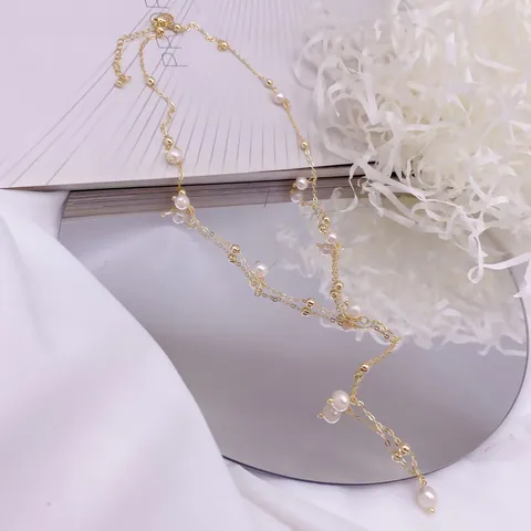 French Natural Freshwater Pearl Necklace Y-Shaped Tassel Gold Copper Chain Gypsophila Dainty Choker For Women Wedding Jewelry