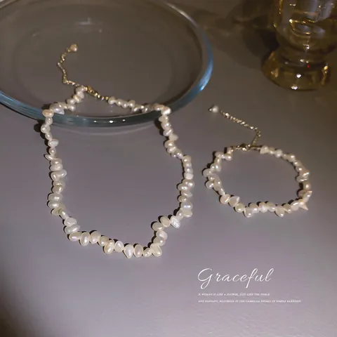 Handmade Baroque Irregular Freshwater Pearl Necklace Bracelet Set Minimalist Elegant Design Clavicle Chain Jewelry For Women