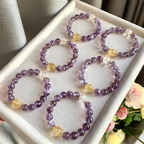 Natural Azeztulite Amethyst Beaded Bracelet For Women Purple Ice Crack Crystal DIY Sparkle Charm Bracelet Alloy Crown Spacer Jewelry