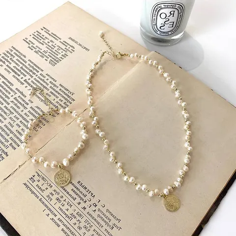 Vintage Woven Freshwater Pearl Necklace Bracelet For Women Elegant Coin Portrait Relief Alloy Jewelry Set Fashion Choker Neck Chain Accessory