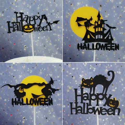 Halloween Cake Topper Paper Witch Castle Pumpkin Bat Silhouette Dessert Decor For Birthday Party Festive Baking Accessories