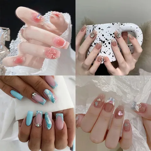 Luxury Press On Nails With 3D Butterfly Rhinestone Decoration French Long Coffin Fake Nails Kit For Women Party Wedding Decor
