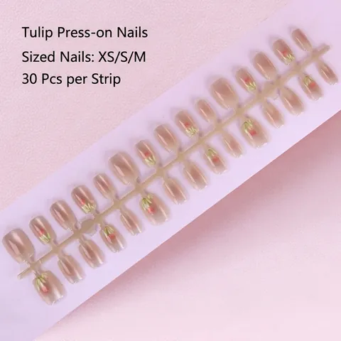 Cat Eye Blush Tulip Press On Nails Pink Gradient Short Square Round False Nails With Tulip Pattern Handmade Style Manicure For Women
