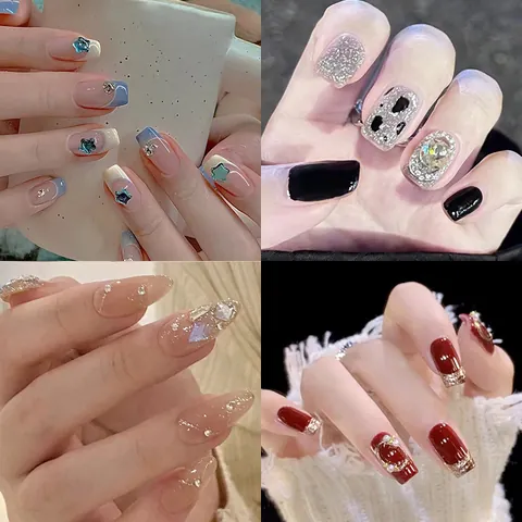 Luxury French Style Press On Nails With Flower Bowknot Rhinestone Artificial Pearl Coffin Shape Fake Nails For Women Party Decor
