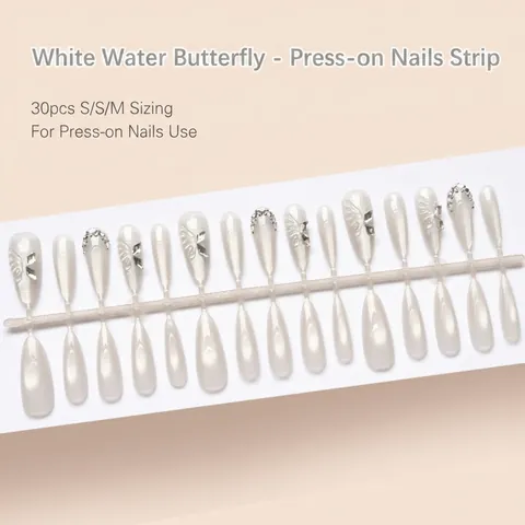 Long Almond Press On Nails Butterfly Cat Eye Rhinestone 3D Decorative Fake Nails Sweet French Style Artificial Nails DIY Manicure Kit