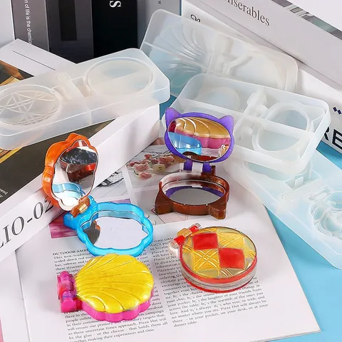 Molde de Silicona de Epoxi de Cristal DIY para Espejo Compacto Hecho a Mano Forma de Concha Gato Rosa Rejilla Artesanía