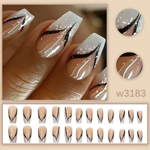 Black Lines Silver Glitter Press On Nails Long Coffin Nude Pink Artificial Nails For Women Festive V-Shape DIY Manicure Set