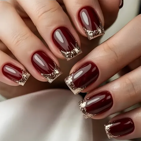 Cherry Red Press On Nails With Gold Edge Fine Shimmer French Style Square Round Glossy Fake Nails For Women Daily Decor