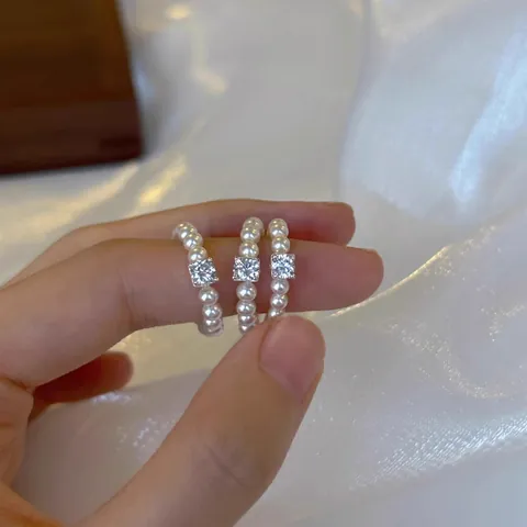 Handmade Freshwater Pearl Beaded Ring For Women Elegant Chanel Style Square Rhinestone Sugar Cube Design Finger Ring Sweet Jewelry