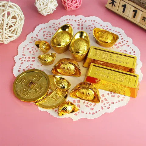 Simulatie Plastic Gouden Ingot Gouden Munt Gouden Steen Ornamenten Voor Chinees Nieuwjaar Geluk Rijkdom Taart Topper Decoratie