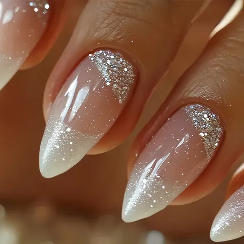 Elegant Nude Pink French Tip Shimmer Press On Nails Almond Shape Artificial Nails For Women Decorative Manicure Daily Wear