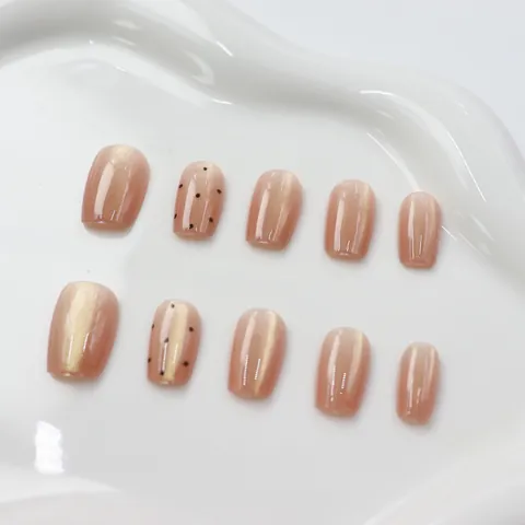 Peach Honey Shimmer Cat Eye Press On Nails Short Square Minimalist Polka Dot Design DIY Manicure Art Kit For Women