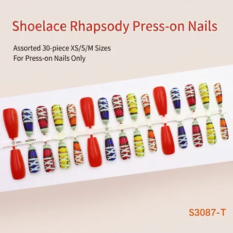 Retro Shoelace Pattern Long Coffin Ballerina Press On Nails Mixed Colors Contrasting Design Artificial Fingernails For Women