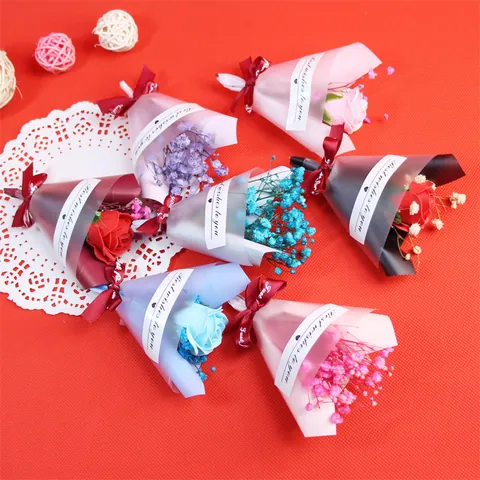 Mini Soap Rose Dried Flower Bouquet Cake Topper For Birthday Mother Day Valentine Party Decoration Handmade Flower Gift