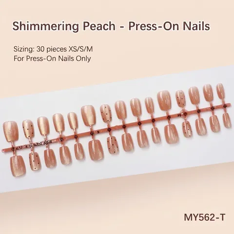 Peach Honey Shimmer Cat Eye Press On Nails Short Square Minimalist Polka Dot Design DIY Manicure Art Kit For Women