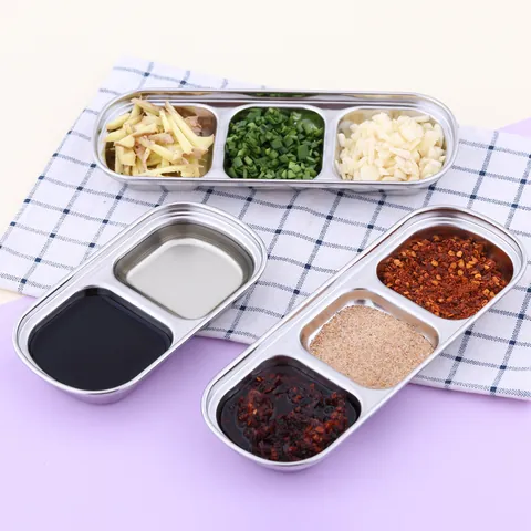Stainless Steel Divided Sauce Dish Compartment Dipping Bowl Kitchen Serving Plate For Soy Vinegar Spice Appetizer Home