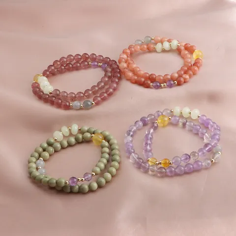 New Chinese Style Double Wrap Crystal Bracelet For Women Strawberry Amethyst Sunstone Agate Beaded Bracelet Vintage Jewelry