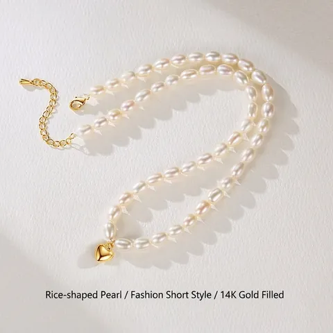 Natürliche Süßwasserperlenkette Für Damen Goldgefüllt Herzanhänger Reispere Barock Choker Handgefertigter Minimalistischer Schmuck