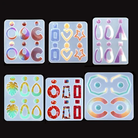 Moule en Silicone pour Résine Époxy Cristal DIY 6 Grilles Pendentif Boucles d'Oreilles Bijoux Fabrication Moule Formes Géométriques Cœur Feuille