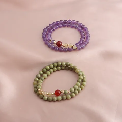 New Chinese Style Double Wrap Crystal Bracelet For Women Strawberry Amethyst Sunstone Agate Beaded Bracelet Vintage Jewelry