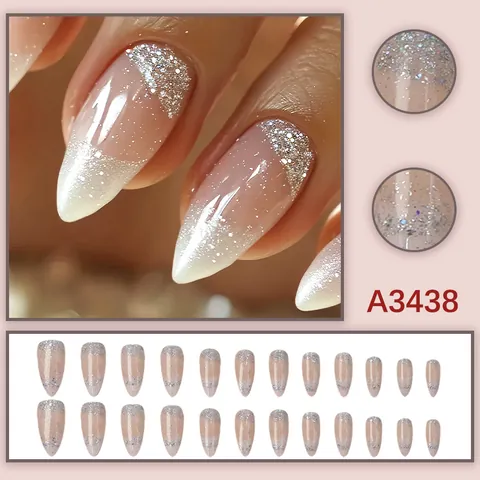 Elegant Nude Pink French Tip Shimmer Press On Nails Almond Shape Artificial Nails For Women Decorative Manicure Daily Wear