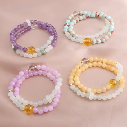 New Chinese Style Double Loop Beaded Bracelet For Women Men Natural Amethyst Citrine Kunzite Shoushan Stone Gold Silk Jade Beads Bracelet Jewelry Gift