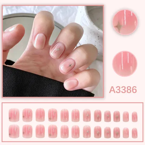 Nude Pink Blush Gradient Press On Nails With Silver Four Point Star Fine Glitter 24 Pcs Full Cover False Nails For Women