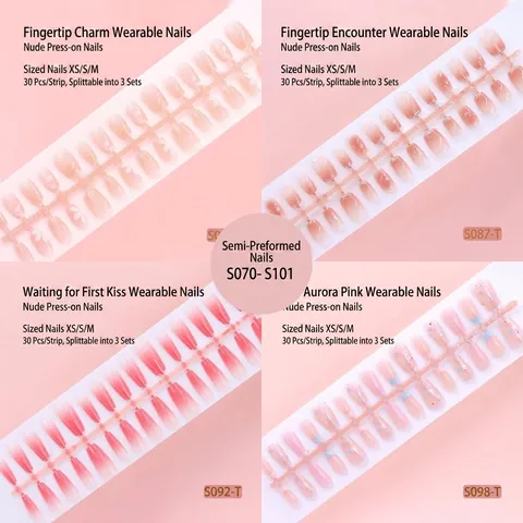 New Chinese Style Press On Nails Nude Pink Gradient Fake Nails Strip Semi Handmade DIY Manicure Art For Women Decorative Nails