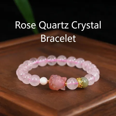 Natural Madagascar Rose Quartz Bracelet For Women Pink Crystal Beaded Bracelet With Fox Pendant Gold Crown Jewelry Gift