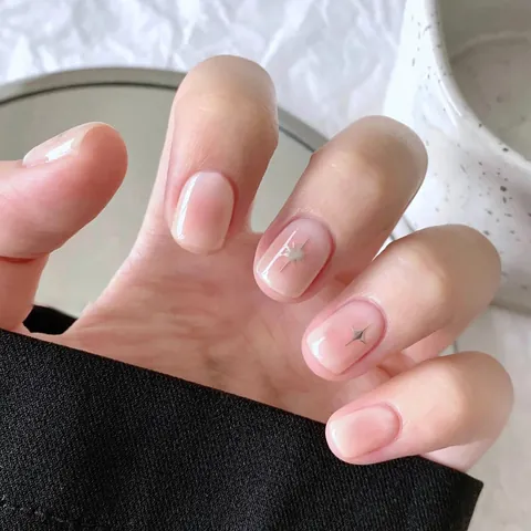 Nude Pink Blush Gradient Press On Nails With Silver Four Point Star Fine Glitter 24 Pcs Full Cover False Nails For Women