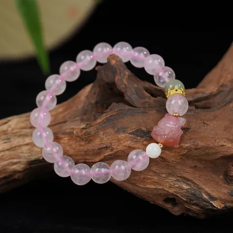Natural Madagascar Rose Quartz Bracelet For Women Pink Crystal Beaded Bracelet With Fox Pendant Gold Crown Jewelry Gift