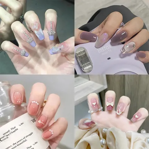Wearable Press On Nails Set With 3D Relief Rhinestone Butterfly Flower Design Elegant French Style Pink Purple Gradient False Nails For Women Daily Party Nail Decoration