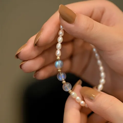 Natural Rice Freshwater Pearl Moonstone Beaded Bracelet For Women Adjustable Elastic Handmade Jewelry Birthday Gift