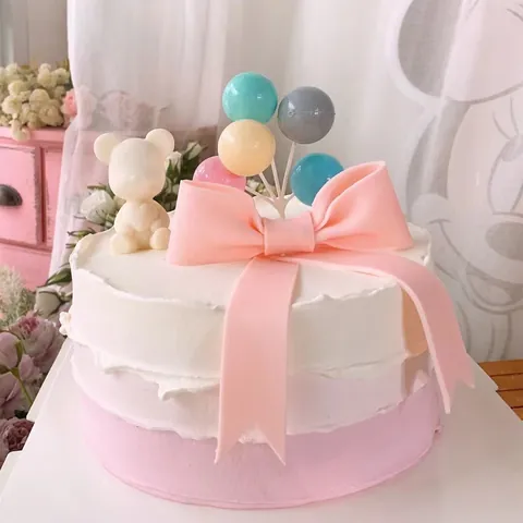 Sweet Bear Bowknot Cake Topper Pink Princess Birthday Party Dessert Decoration Supplies Bear Figurine Ribbon Ornament