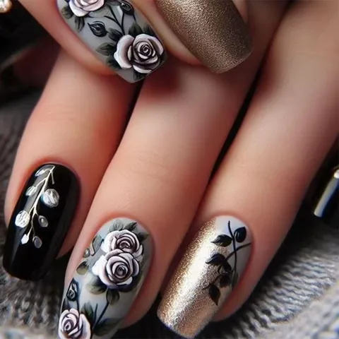 Vintage Black Gold Rose Press On Nails Coffin Shape Smudge Design Matte And Glitter Finish Detachable Fake Nails Women