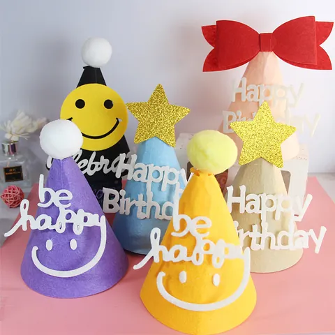 Sombrero de Fiesta de Cumpleaños de Fieltro DIY Con Pompón Estrella Lazo Decoración Accesorios de Fotografía Primer Cumpleaños Bebé Sombrero de Tela No Tejida