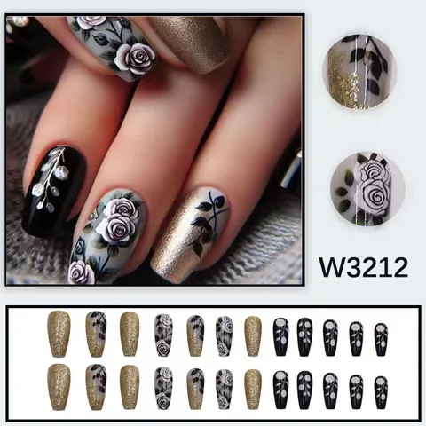 Vintage Black Gold Rose Press On Nails Coffin Shape Smudge Design Matte And Glitter Finish Detachable Fake Nails Women