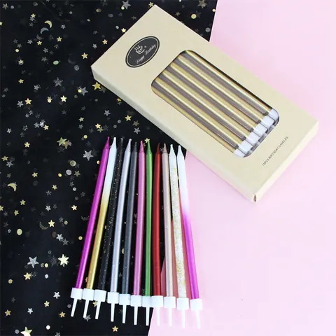 Long Thin Pencil Birthday Candles Gradient Metallic Cake Decoration Candles With Holders For Birthday Wedding Party