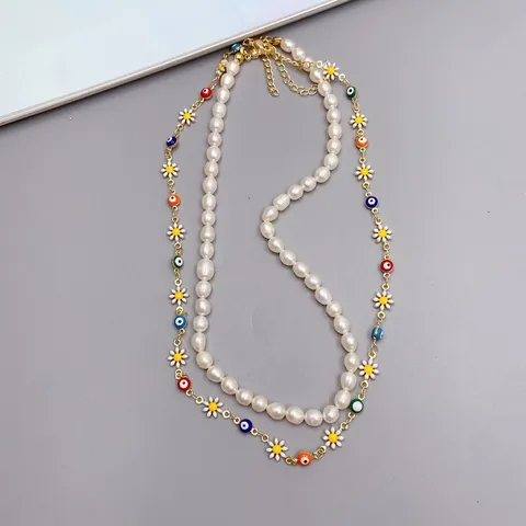 Collana con Perla d'Acqua Dolce Margherita e Farfalla per Donna Estate Dolce Smalto Malocchio Floreale Collana a Strati Gioielli in Rame Oro