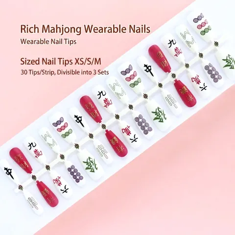 Handmade Festive Press On Nails Chinese New Year Style Mahjong Lucky Cat Floral Pattern Multi Size XS S M DIY Manicure Tool