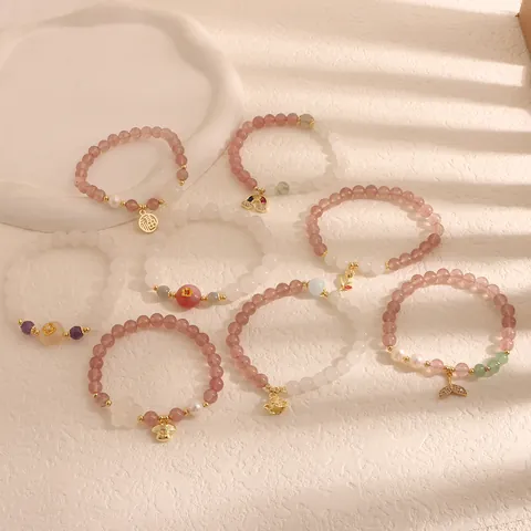 Bracciale di Perle d'Acqua Dolce e Quarzo Fragola per Donna Design di Alta Classe Cristallo Agata Pietra di Luna Con Ciondoli in Lega Regalo Gioielli Portafortuna