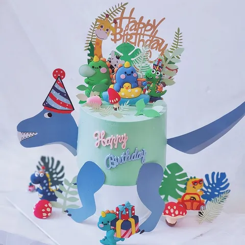 Cartoon Dinosaur Cake Topper Set Soft Glue Animal Mushroom Leaf Happy Birthday Sign Decorations For Kids Birthday Party Baking Accessories
