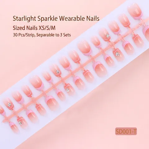 ABS Gradient Nude Pink French Tip Press On Nails With Rhinestone Short Square Round False Nails For Women Daily Manicure