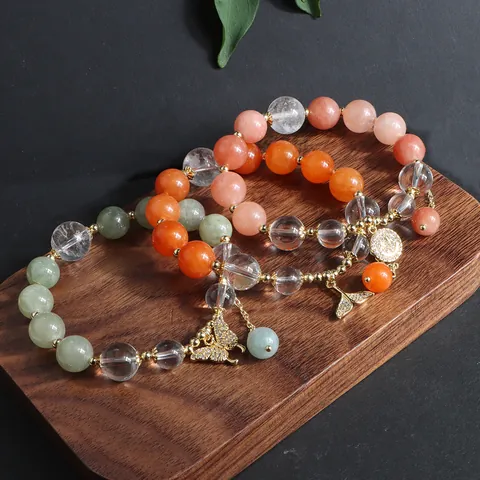 Neuer Chinesischer Stil Natürliches Kristallperlen Armband Für Damen Amethyst Bergkristall Burma-Jade Sonnenstein Strass Schmetterling Fischschwanz Anhänger Retro Schmuck