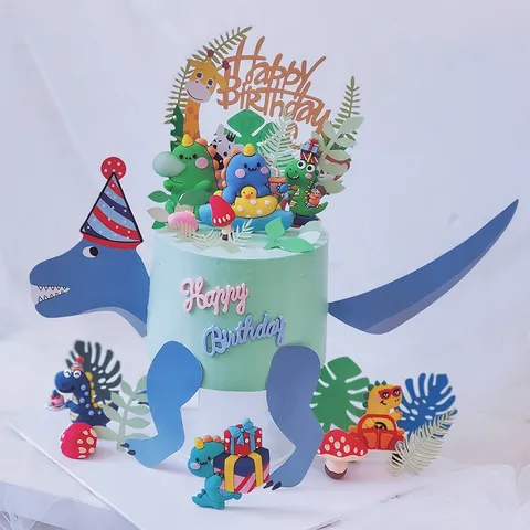 Cartoon Dinosaur Cake Topper Set Soft Glue Animal Mushroom Leaf Happy Birthday Sign Decorations For Kids Birthday Party Baking Accessories